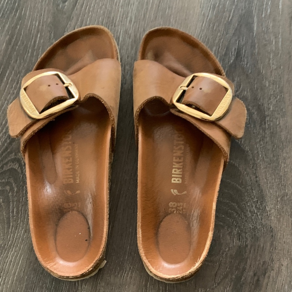 Birkenstock Tan Leather Sandals with Gold Buckle